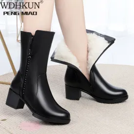 Amozae-2024 New Women Winter Boots Long Genuine Leather Beaded Boots Women High-heeled Fashion Wool Snow Boots Women