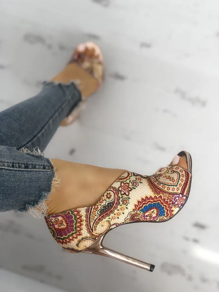 Amozae-2024 Women High Heels Sandals Woman Fashion Summer   Female Peep Toe High-Heeled Shoes Open Toe Ethnic Print Party Sandals