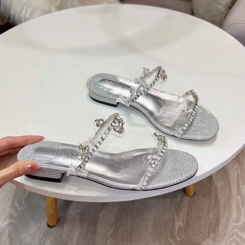 Amozae- High Quality   European And American Summer New Silver   Ladies High Heel Sandals Stiletto Rhinestone Flat Sandals