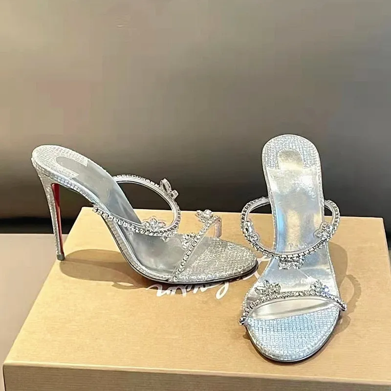 Amozae- High Quality   European And American Summer New Silver   Ladies High Heel Sandals Stiletto Rhinestone Flat Sandals