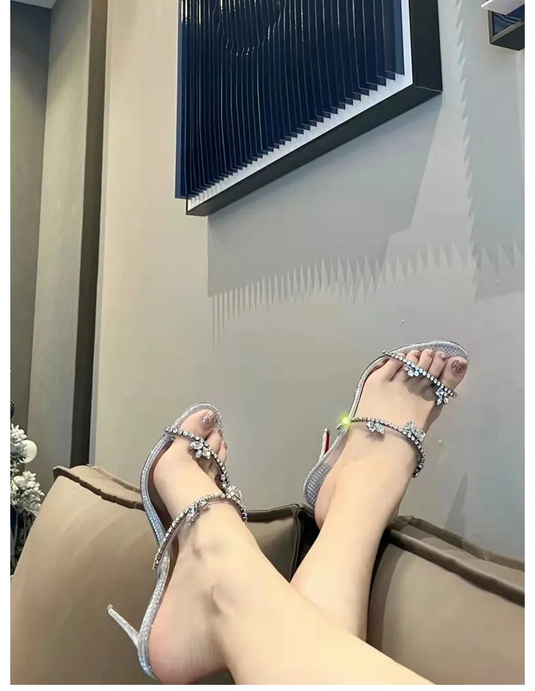 Amozae- High Quality   European And American Summer New Silver   Ladies High Heel Sandals Stiletto Rhinestone Flat Sandals