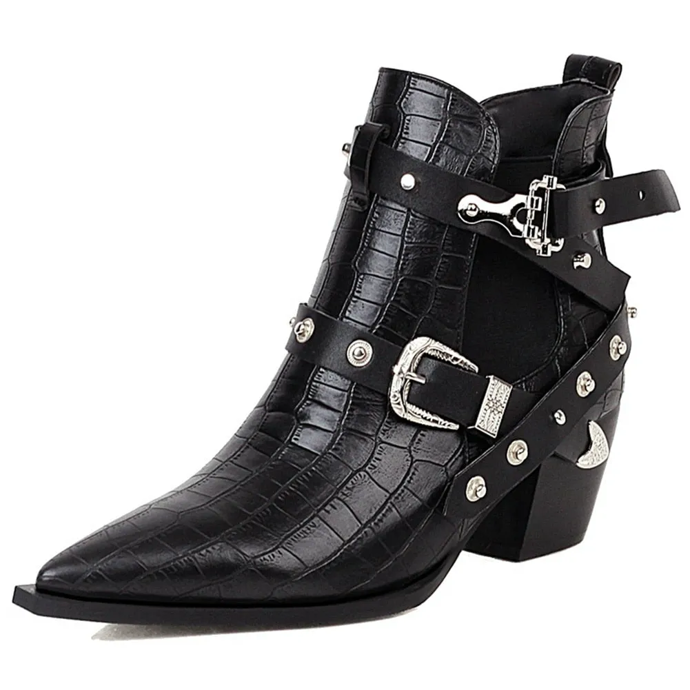 AMOZAE Plus Size 34-50 New Ladies Chunky High Heels Ankle Boots Pointed Toe Buckle Rivet Boots Women Party Ol Woman shoes