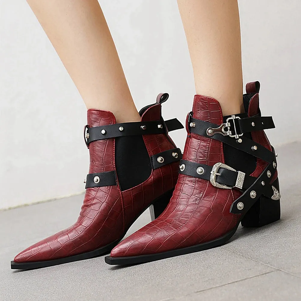 AMOZAE Plus Size 34-50 New Ladies Chunky High Heels Ankle Boots Pointed Toe Buckle Rivet Boots Women Party Ol Woman shoes