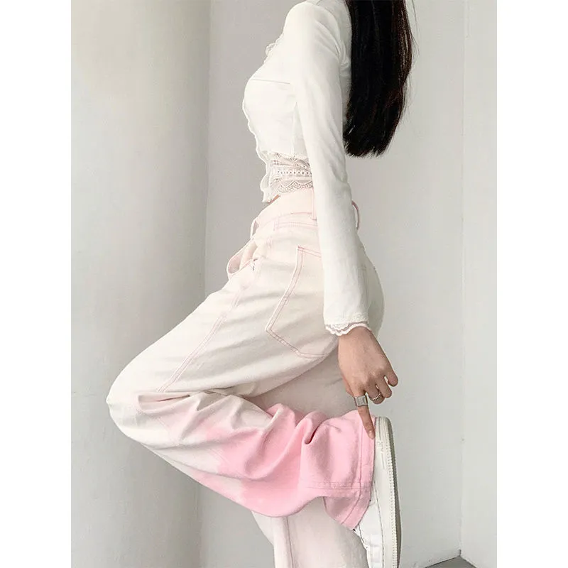 Amy Fashion - Cutie Girl Pink White Pencil Jeans