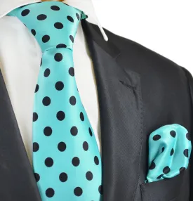 Aqua and Black Polka Dot Tie and Pocket Square