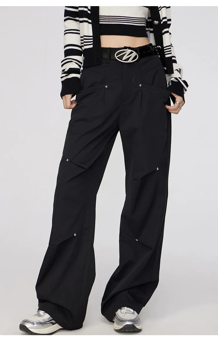 Black & Khaki Star Pleated Utility Wide-Leg Pants