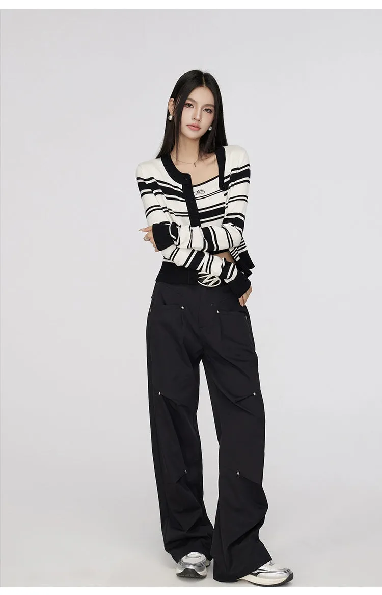 Black & Khaki Star Pleated Utility Wide-Leg Pants