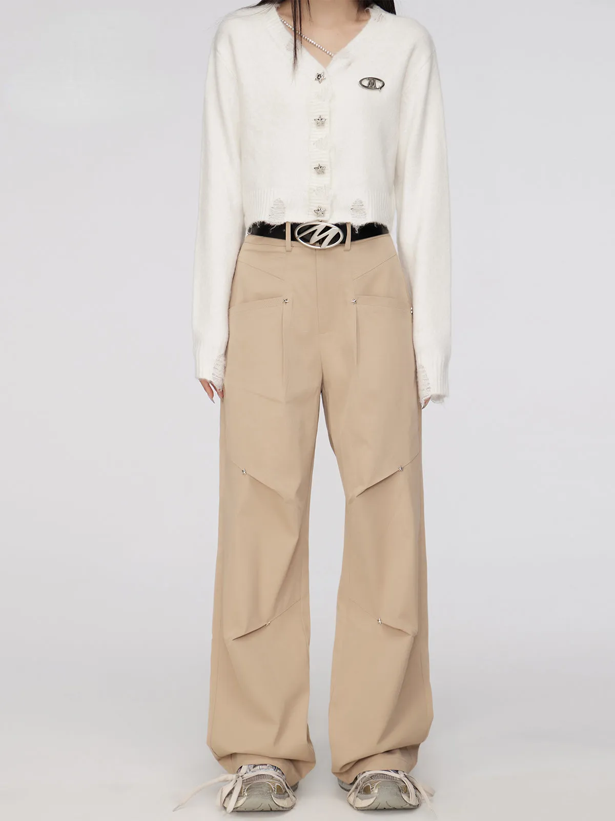 Black & Khaki Star Pleated Utility Wide-Leg Pants