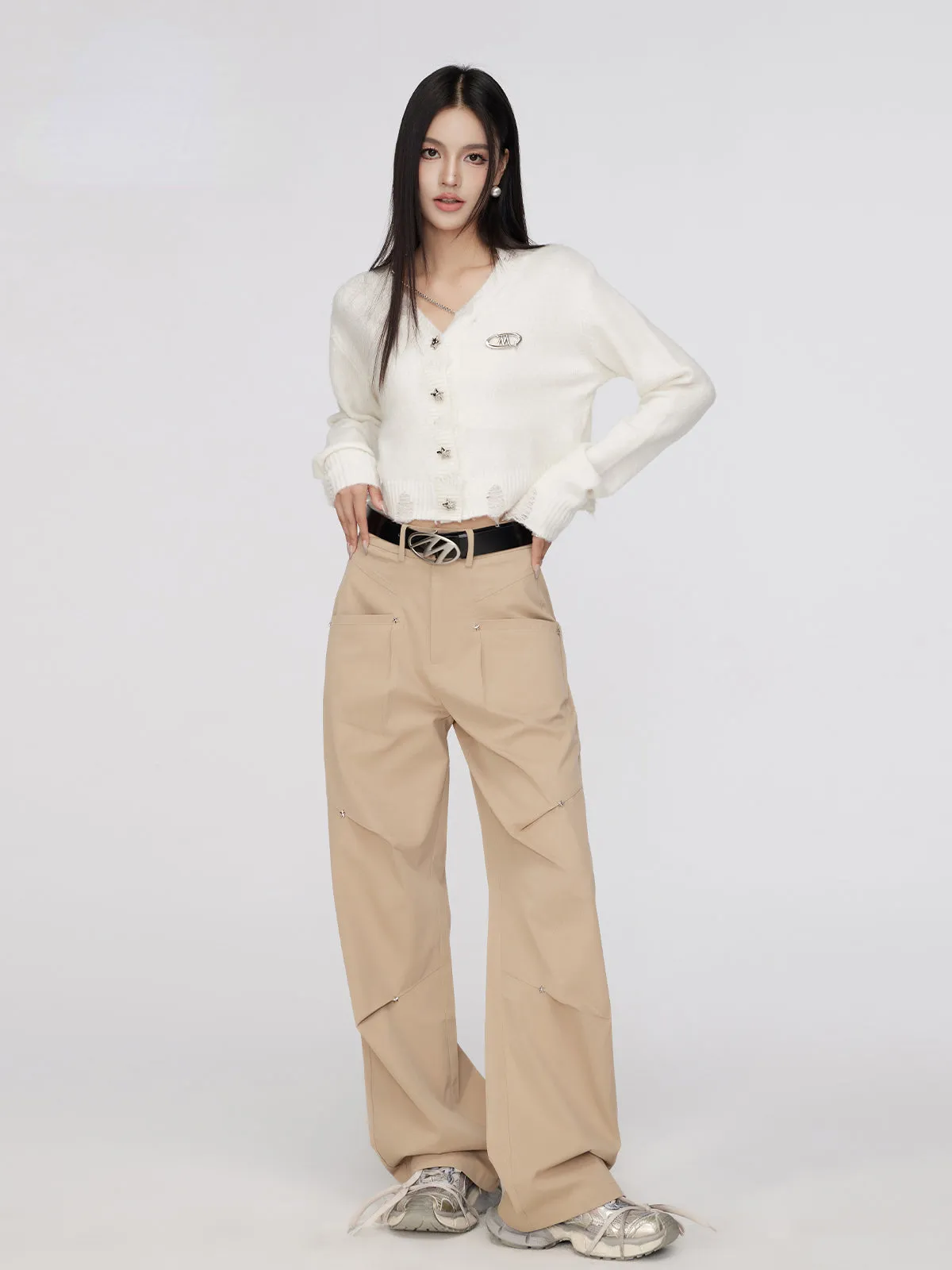 Black & Khaki Star Pleated Utility Wide-Leg Pants