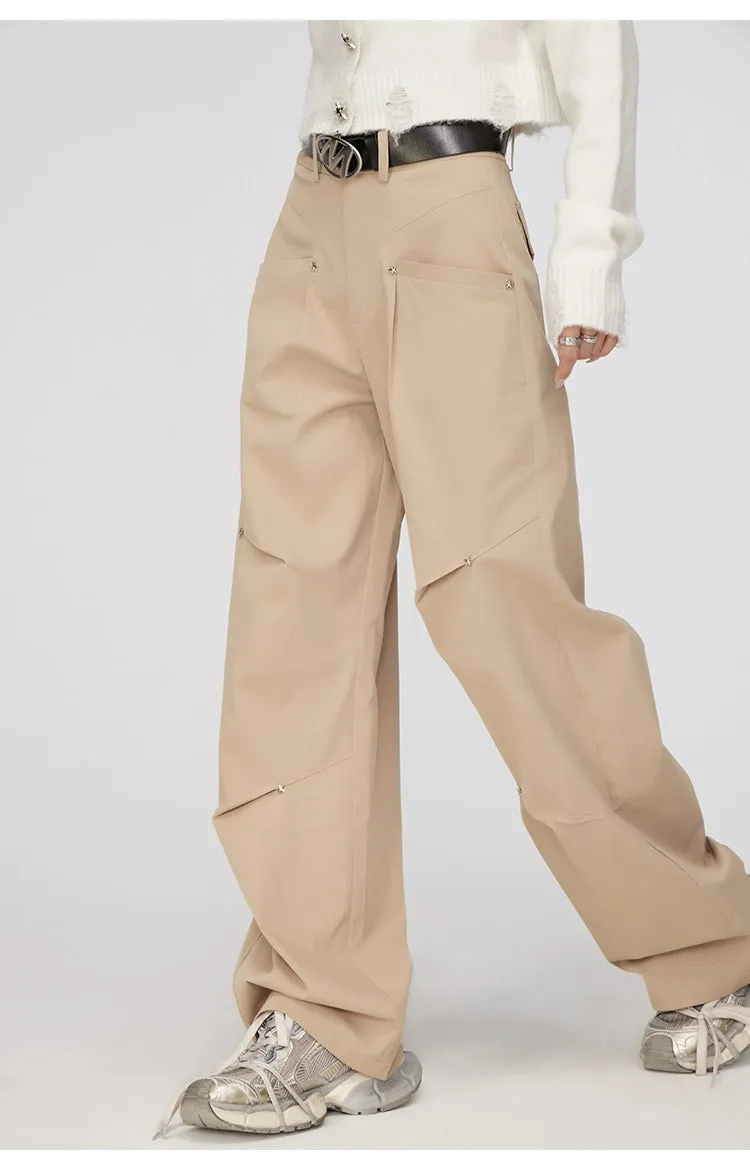 Black & Khaki Star Pleated Utility Wide-Leg Pants