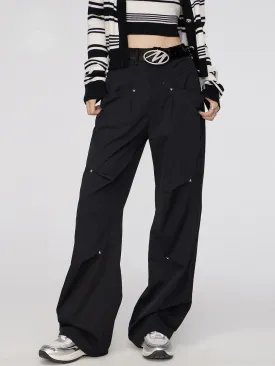 Black & Khaki Star Pleated Utility Wide-Leg Pants