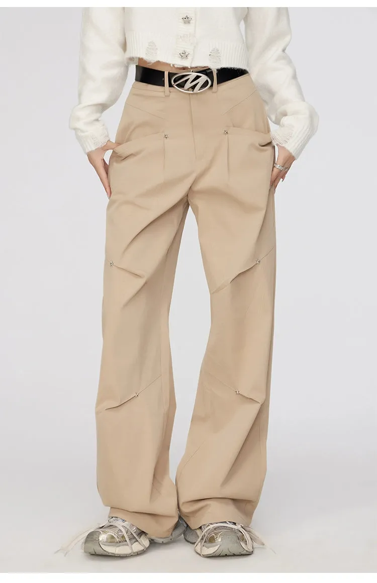 Black & Khaki Star Pleated Utility Wide-Leg Pants