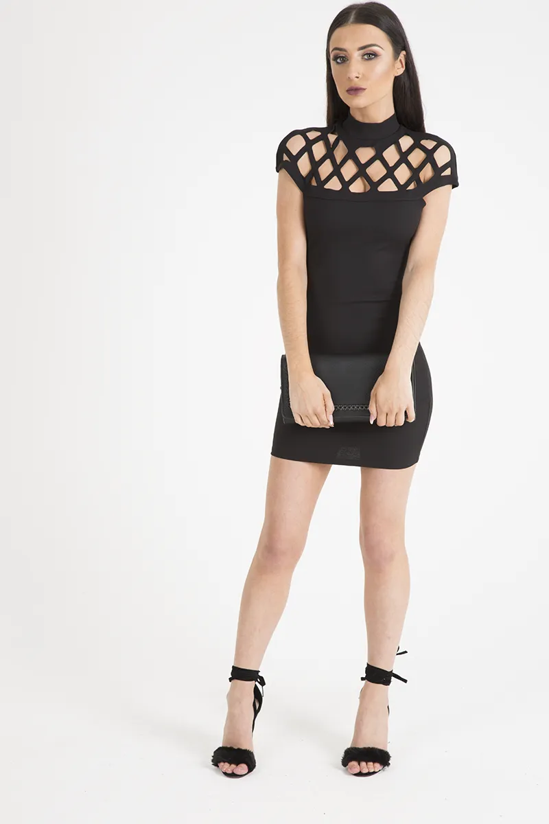 Black Cage High Neck Bodycon Dress - Kade