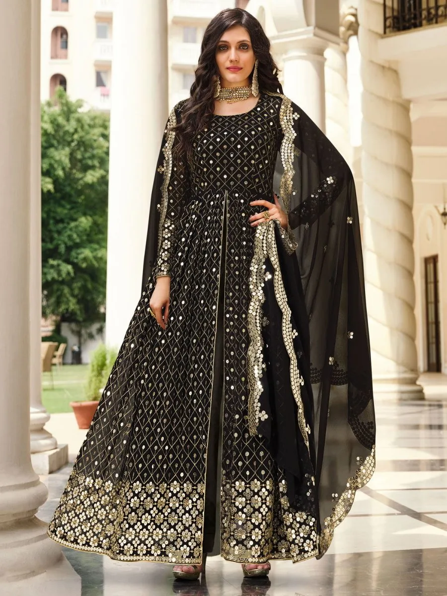 Black Georgette Wedding High Slit Style Suit