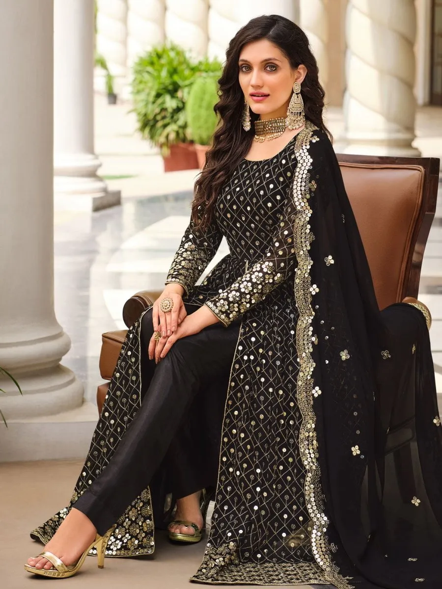 Black Georgette Wedding High Slit Style Suit