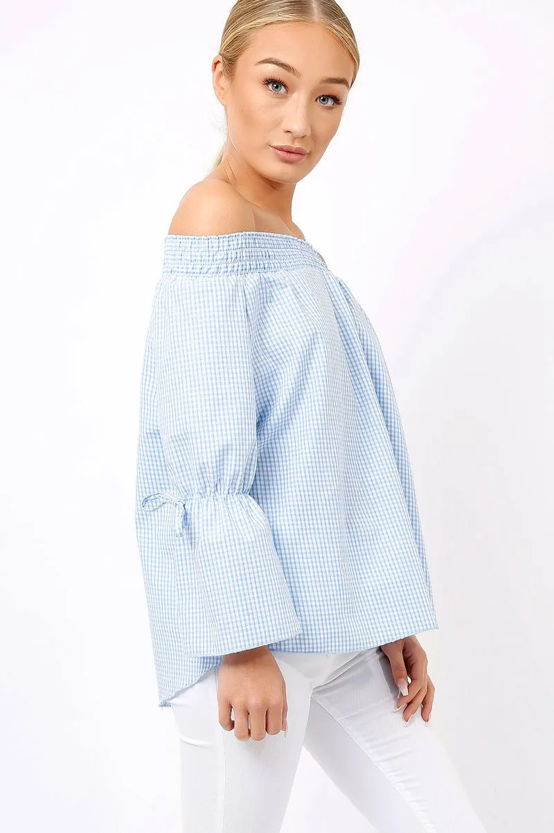 Blue Checked Bardot Bell Sleeve Top - Trixie