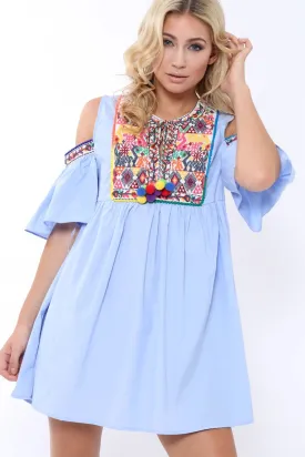 Blue Cold Shoulder Shift Dress with Aztec Embroidery - Elodie