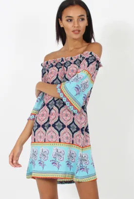 Blue Paisley Print Bardot Frill Trim Dress - Tanya