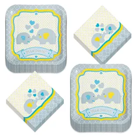 Boy Baby Shower Party Essentials -Little Peanut Yellow and Blue Elephant Paper Dinner Plates and Lunch Napkins (Serves 16)