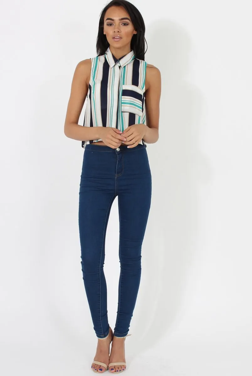 Green & Blue Stripe Sleeveless Shirt - Ayesha