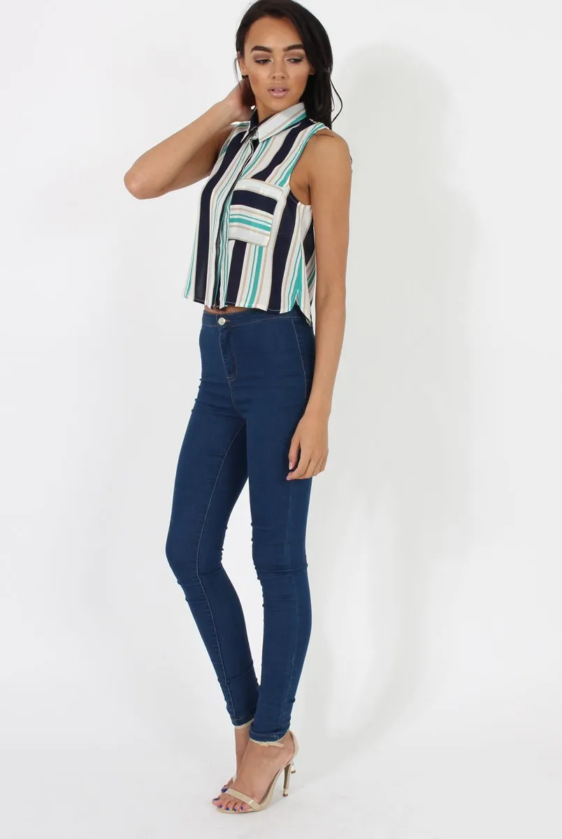 Green & Blue Stripe Sleeveless Shirt - Ayesha