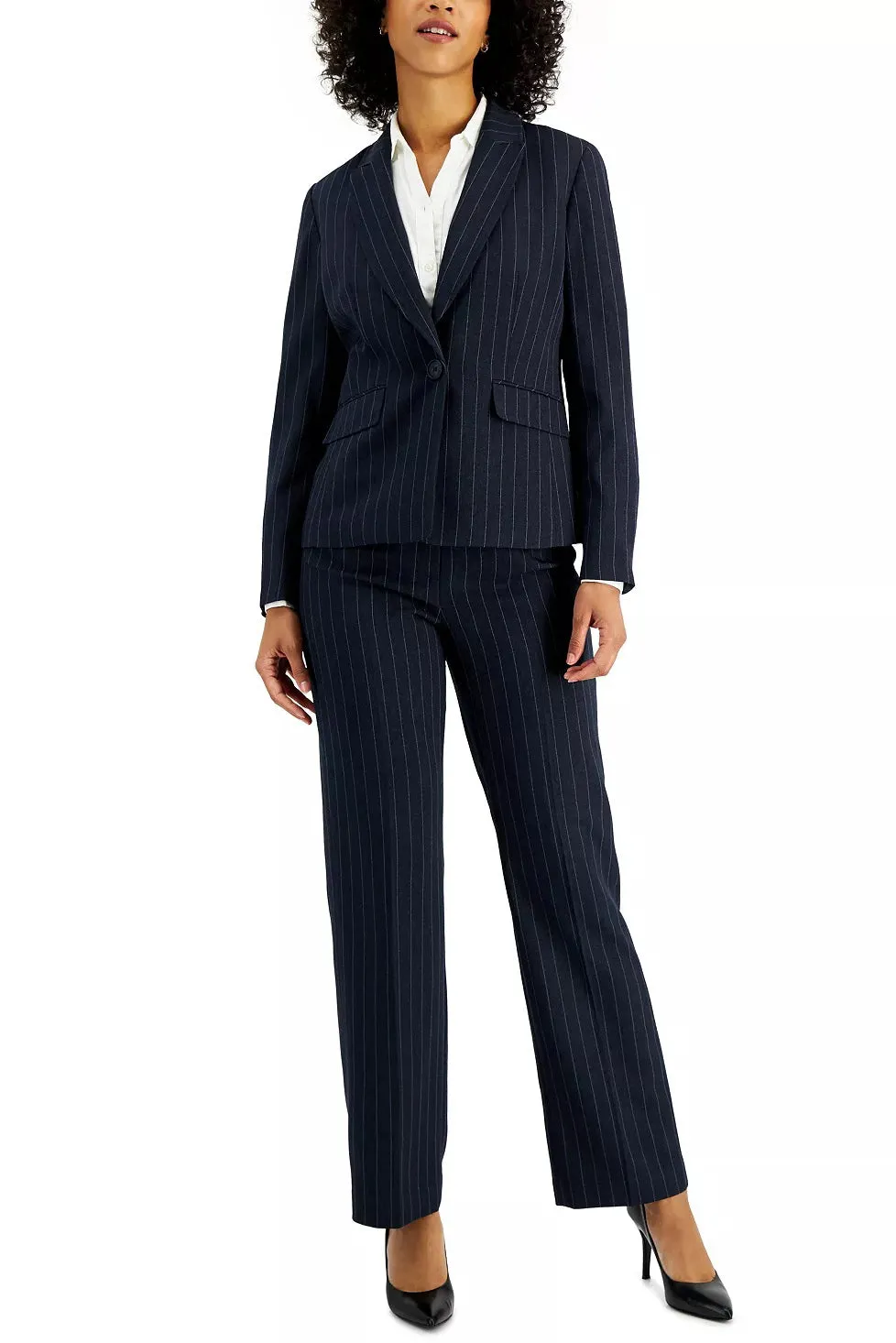 Le Suit Notched Collar One Button Closure Long Sleeve Shoulder Padding Crepe Jacket with Mid Waist Zipper Hook &Bar Closure Pant Two Piece Set (Petite)