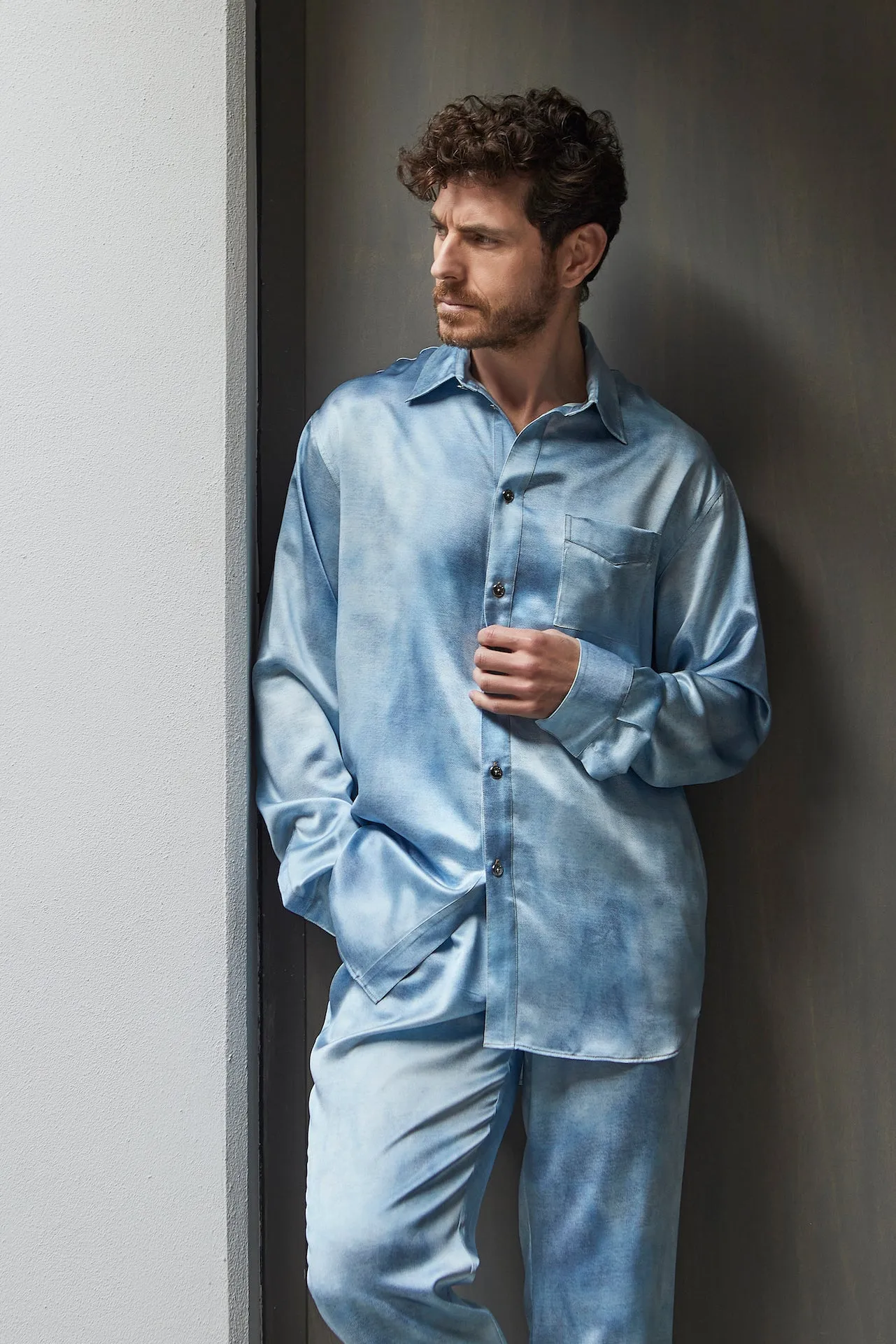 Men's Denim Blue Silk Pyjama Set