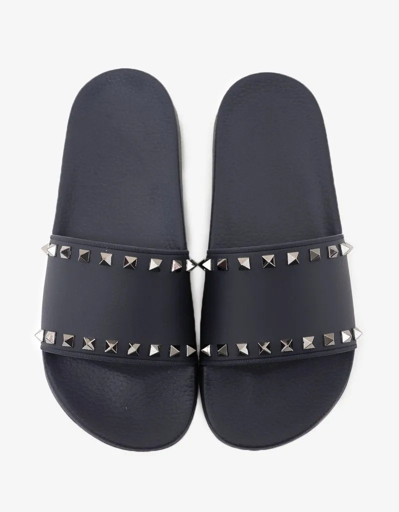 Navy Blue Rockstud Slide Sandals