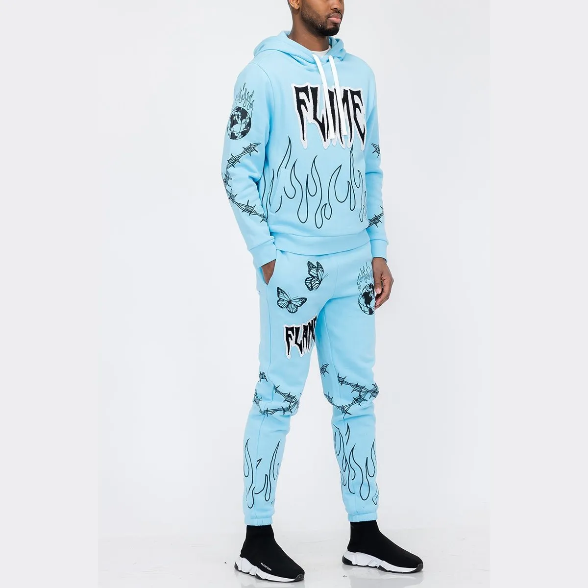 Sky Blue Chenille Flame Sweat Suit