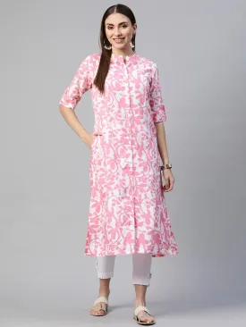 White-Pink Cotton A-Line Kurta